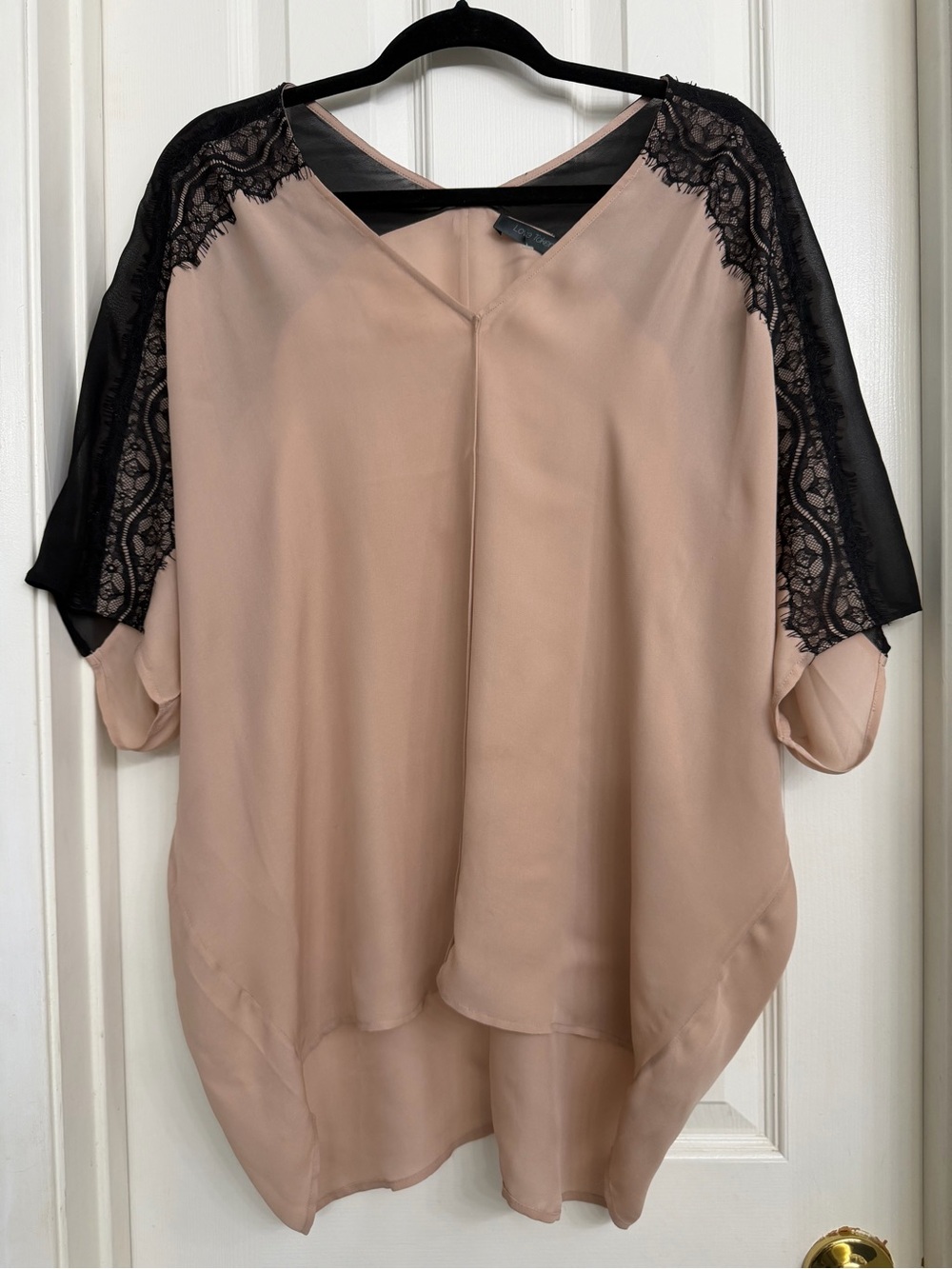 7123 Love Token Blush Pink V-Neck Lace-Trim Dolman Sleeve Blouse XL 100% Silk